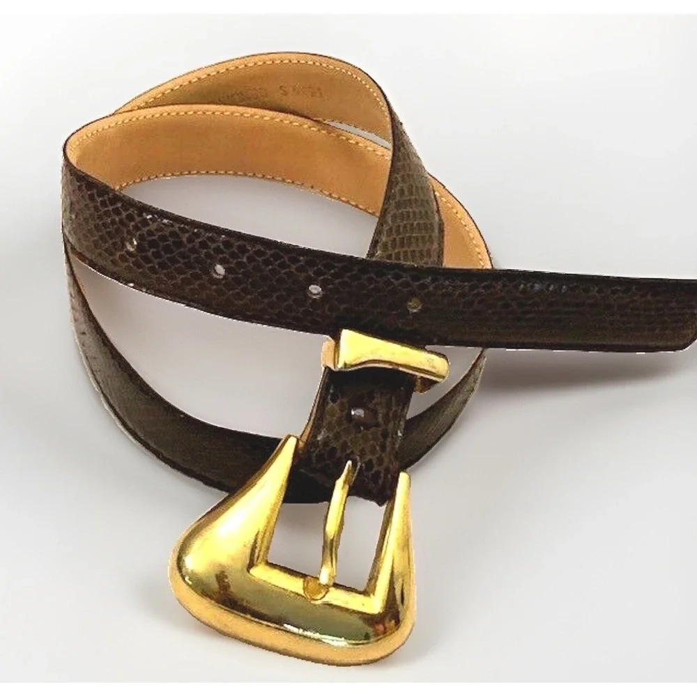 VTG Brown Snakeskin Belt Womens S Leather Gold Chunky Buckle Western Boho Retro